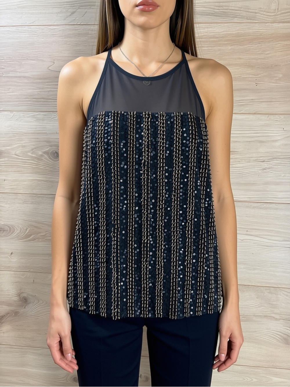 Parker Black 100% Silk Beaded Sequin Halter Top